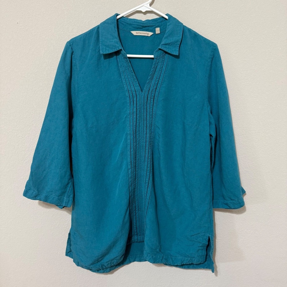Soft Surroundings Tunic Women Medium Teal Linen Blend Pintuck 3/4‎ Sleeve Top